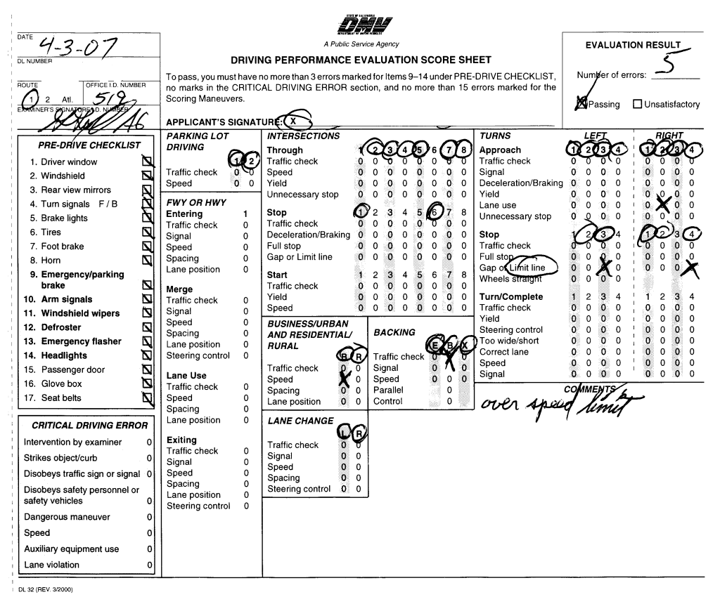 driving test score sheet texas